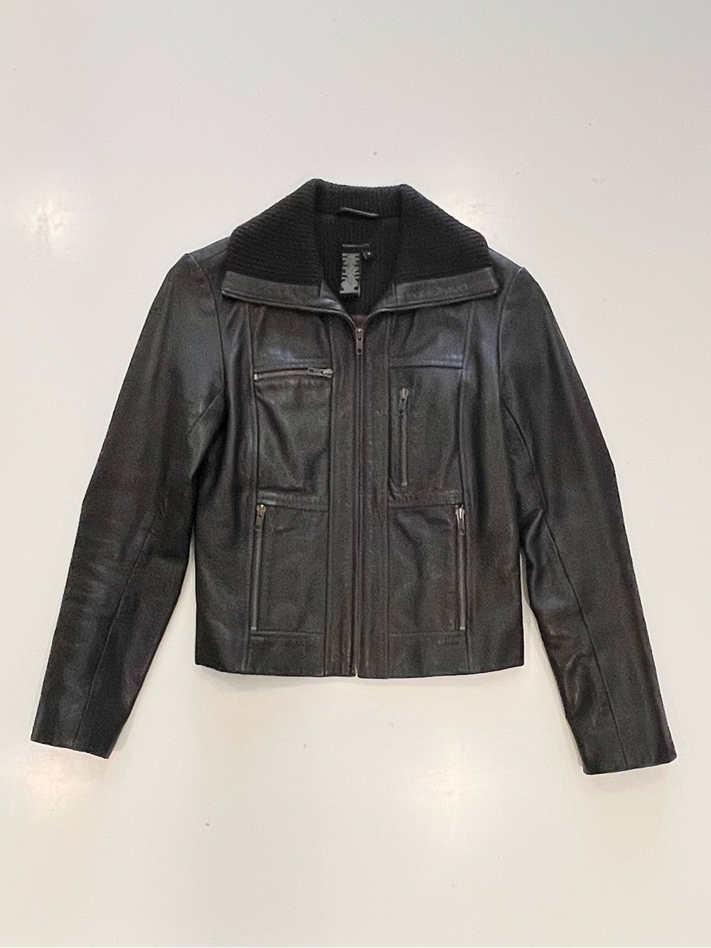 Vintage BCBGMaxAzria Brown Leather Zip Moto Jacket with Knit Collar